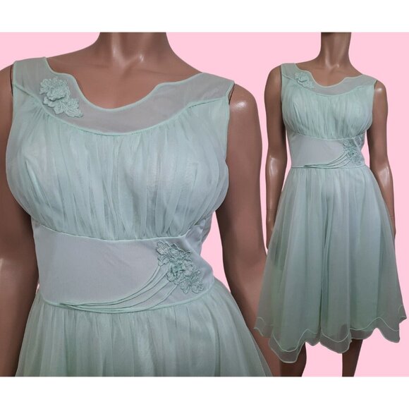 Vintage 60s Shadowline Nightgown Slip Dress Size S Pastel Green Nylon Sleeveless - Picture 1 of 10